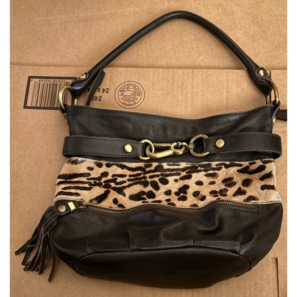 Innue Hobo Bag Womens Medium Brown Good Leather Leopard Calf Hair Italy Tassel